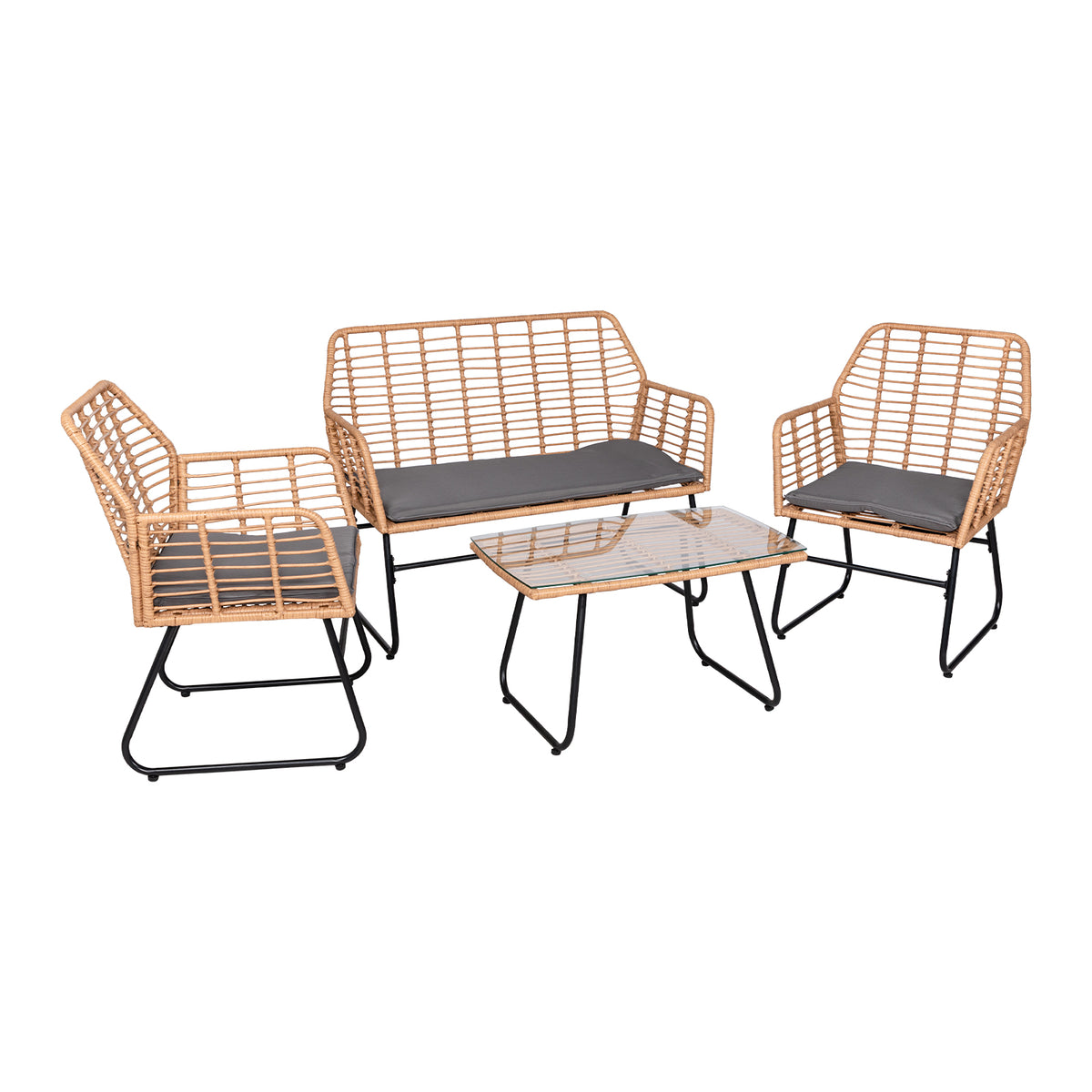 Ensemble de jardin 4 pièces en plastique tressé - Coussins gris - 1 canapé, 2 fauteuils, 1 table basse