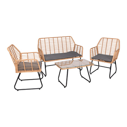Ensemble de jardin 4 pièces en plastique tressé - Coussins gris - 1 canapé, 2 fauteuils, 1 table basse