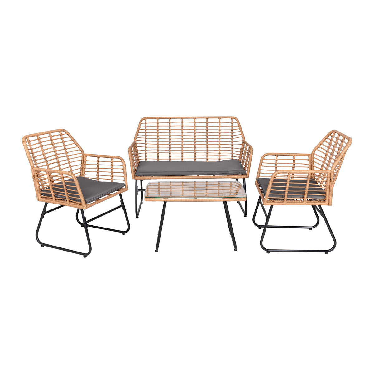 Ensemble de jardin 4 pièces en plastique tressé - Coussins gris - 1 canapé, 2 fauteuils, 1 table basse
