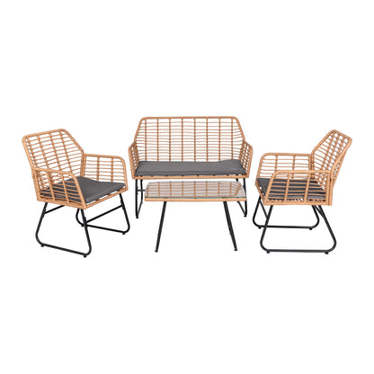 Ensemble de jardin 4 pièces en plastique tressé - Coussins gris - 1 canapé, 2 fauteuils, 1 table basse