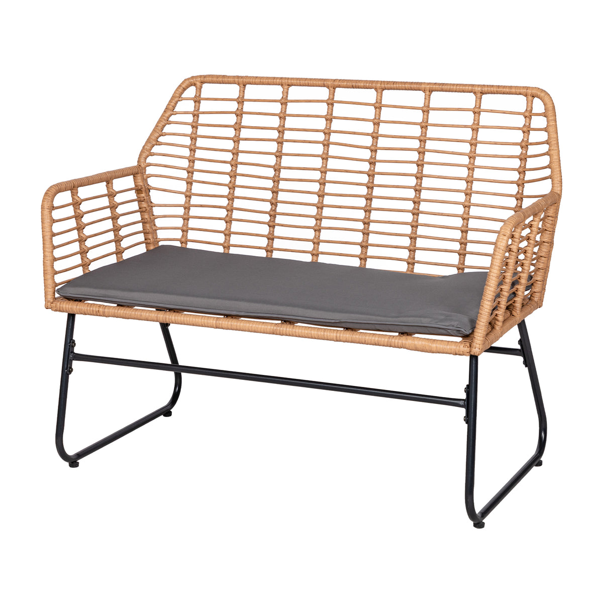 Ensemble de jardin 4 pièces en plastique tressé - Coussins gris - 1 canapé, 2 fauteuils, 1 table basse
