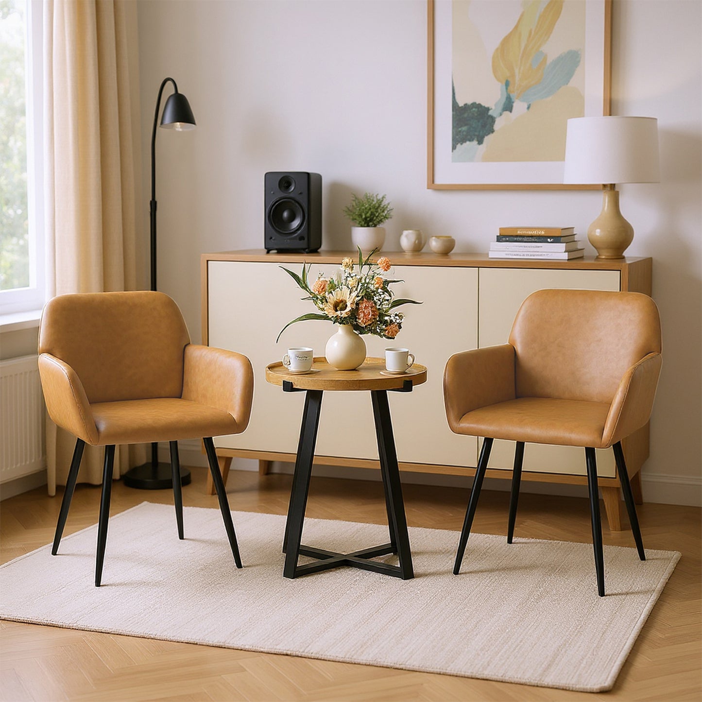 Chaise de salle à manger large avec accoudoirs en similicuir et pieds en fer (lot de 1/2) - Marron