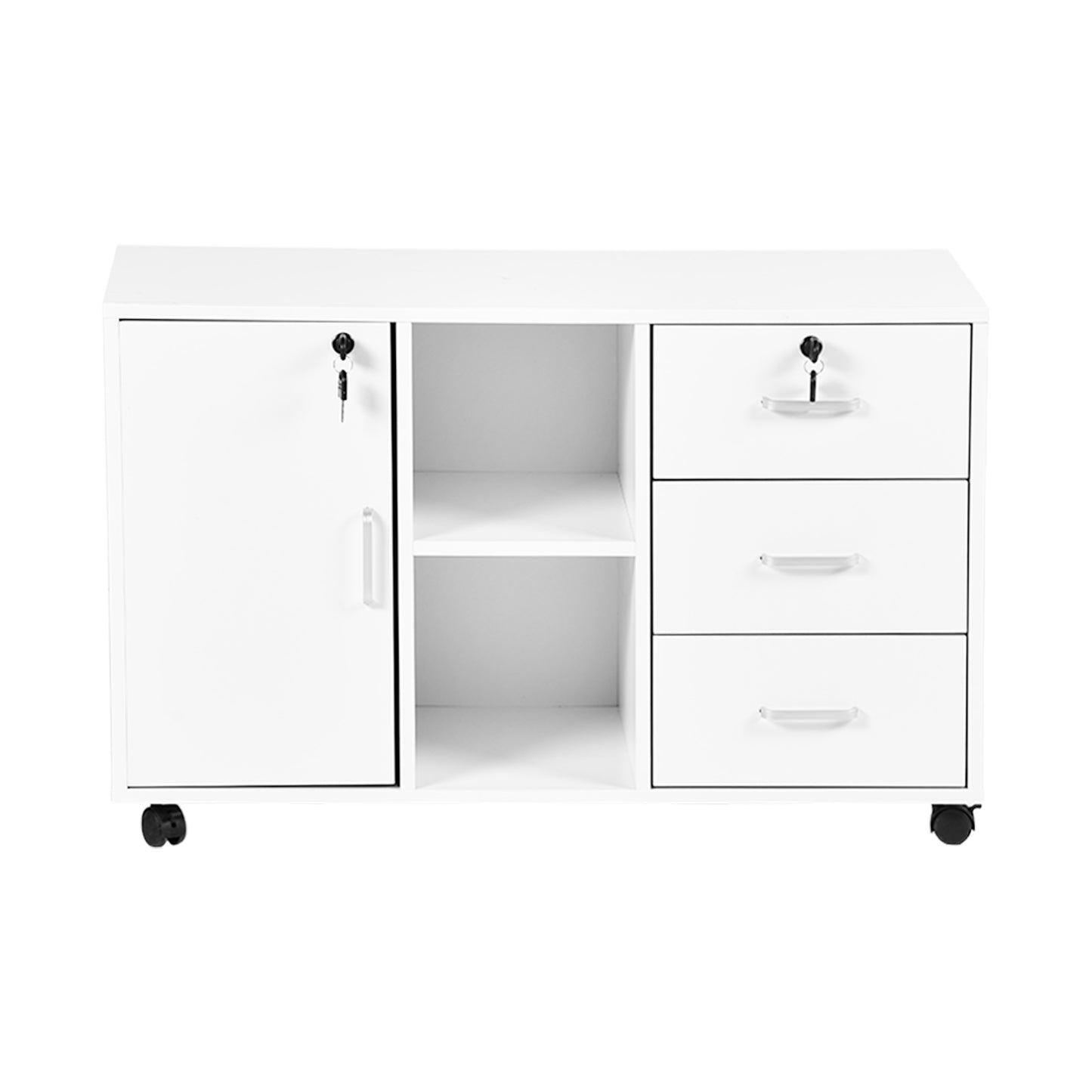 Classeur latéral en bois blanc à 3 tiroirs, verrouillable, avec étagères de rangement ouvertes