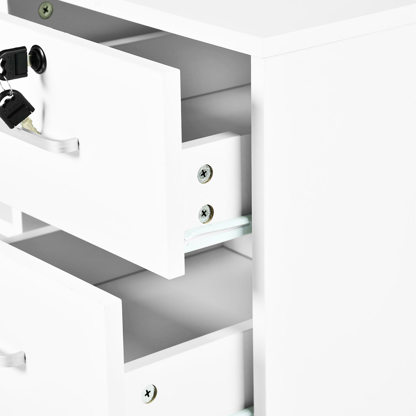 Classeur latéral en bois blanc à 3 tiroirs, verrouillable, avec étagères de rangement ouvertes