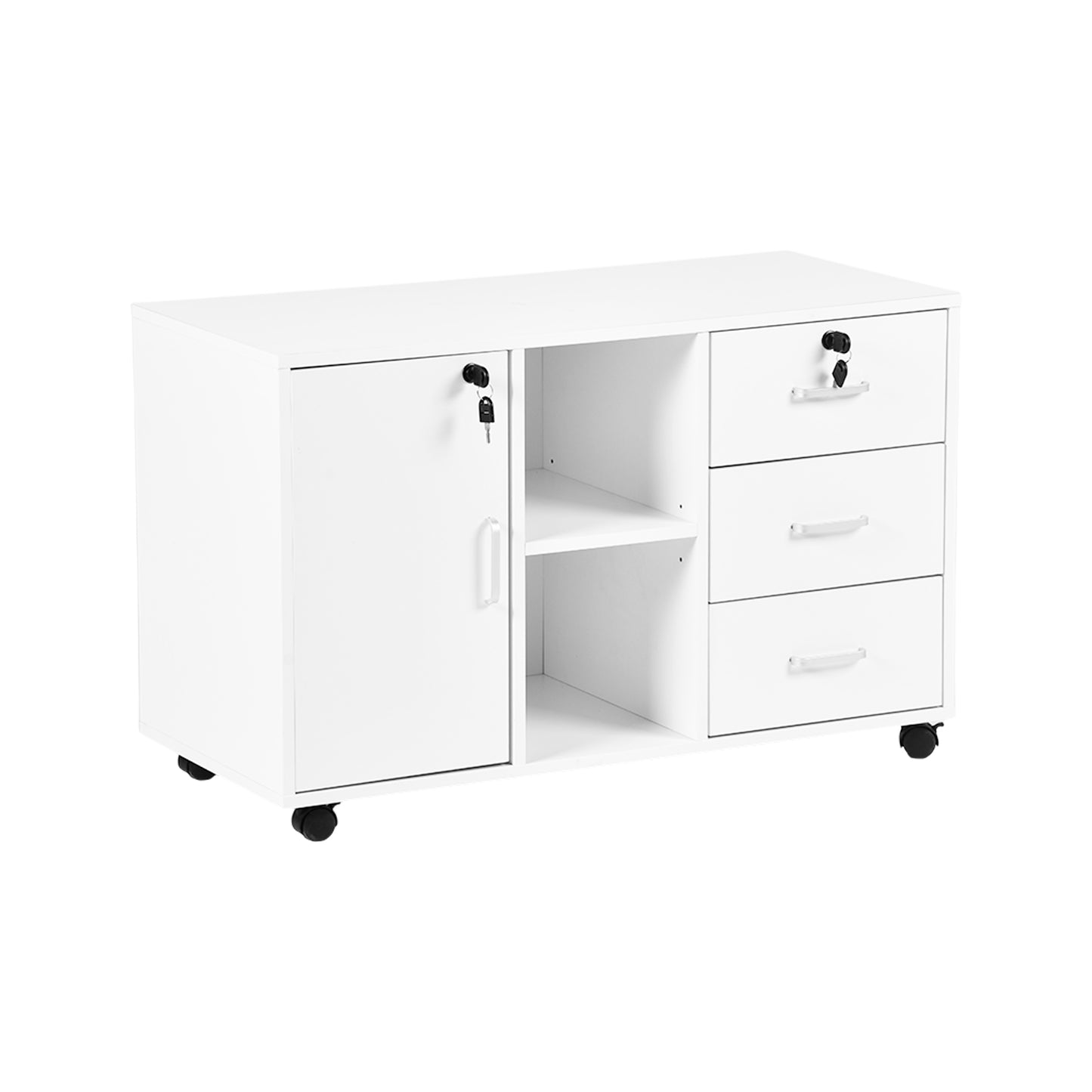 Classeur latéral en bois blanc à 3 tiroirs, verrouillable, avec étagères de rangement ouvertes