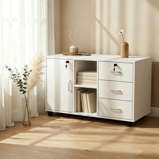 Classeur latéral en bois blanc à 3 tiroirs, verrouillable, avec étagères de rangement ouvertes
