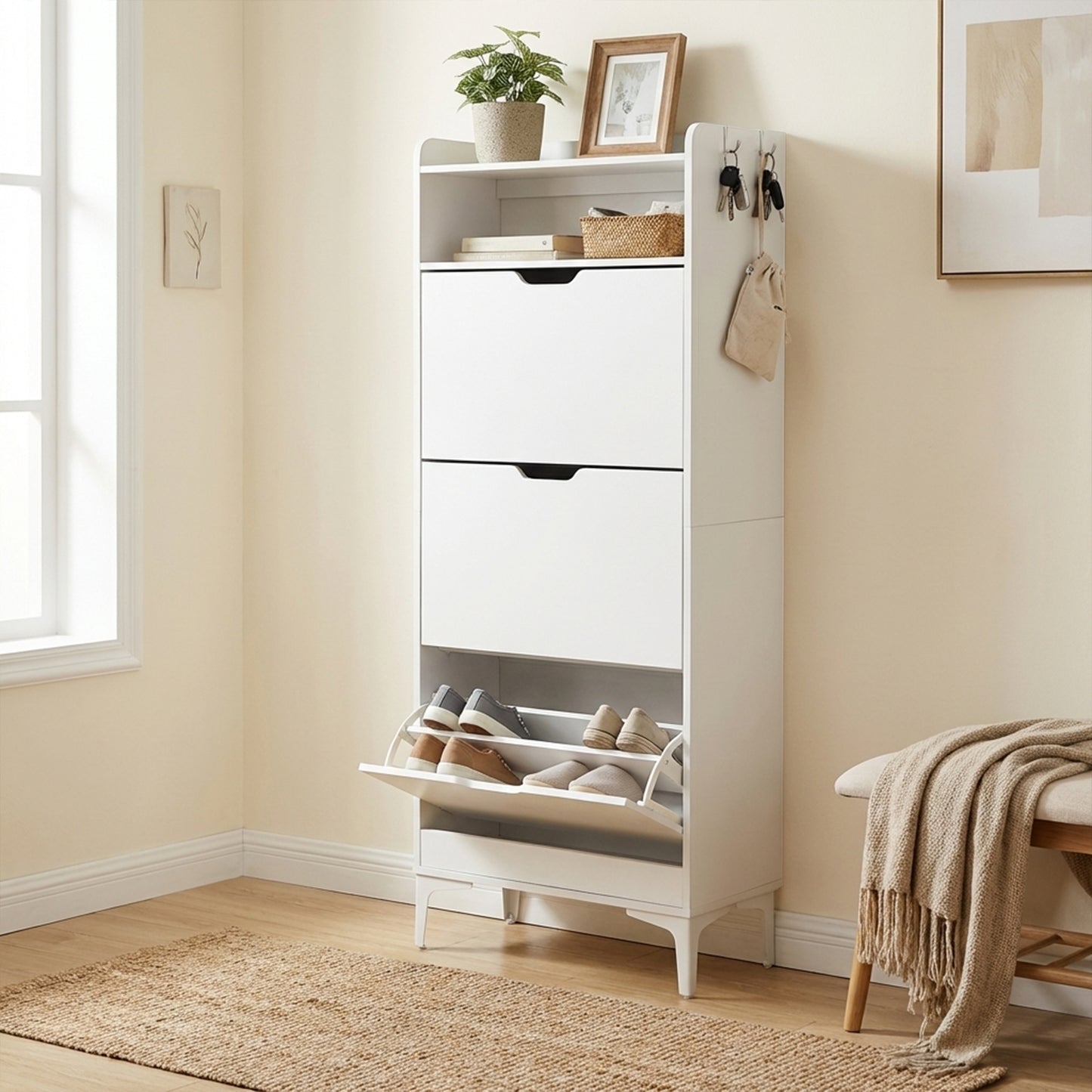 Meuble à chaussures MELVIN à 3 rabats, 60 x 159,3 cm - MDF blanc