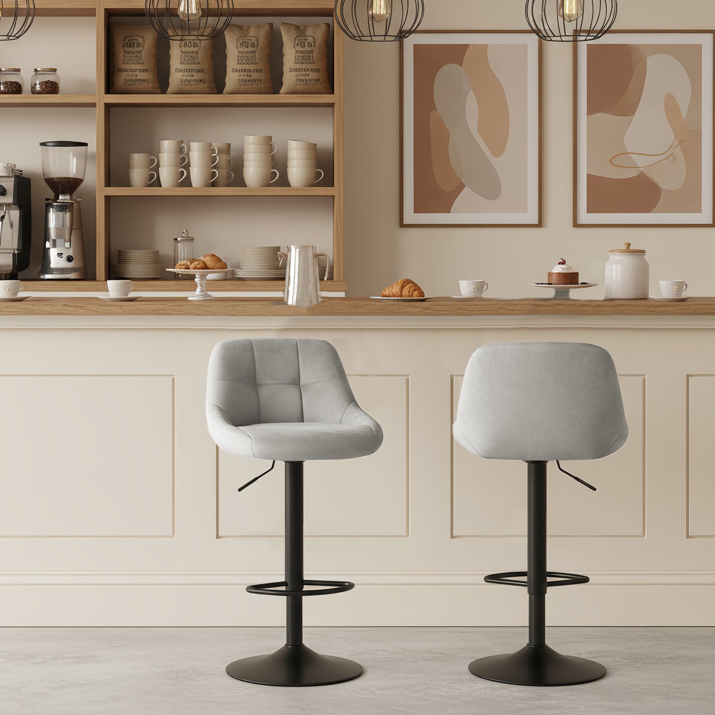 Chaises de bar modernes réglables en velours OLIVET, lot de 2 - Gris