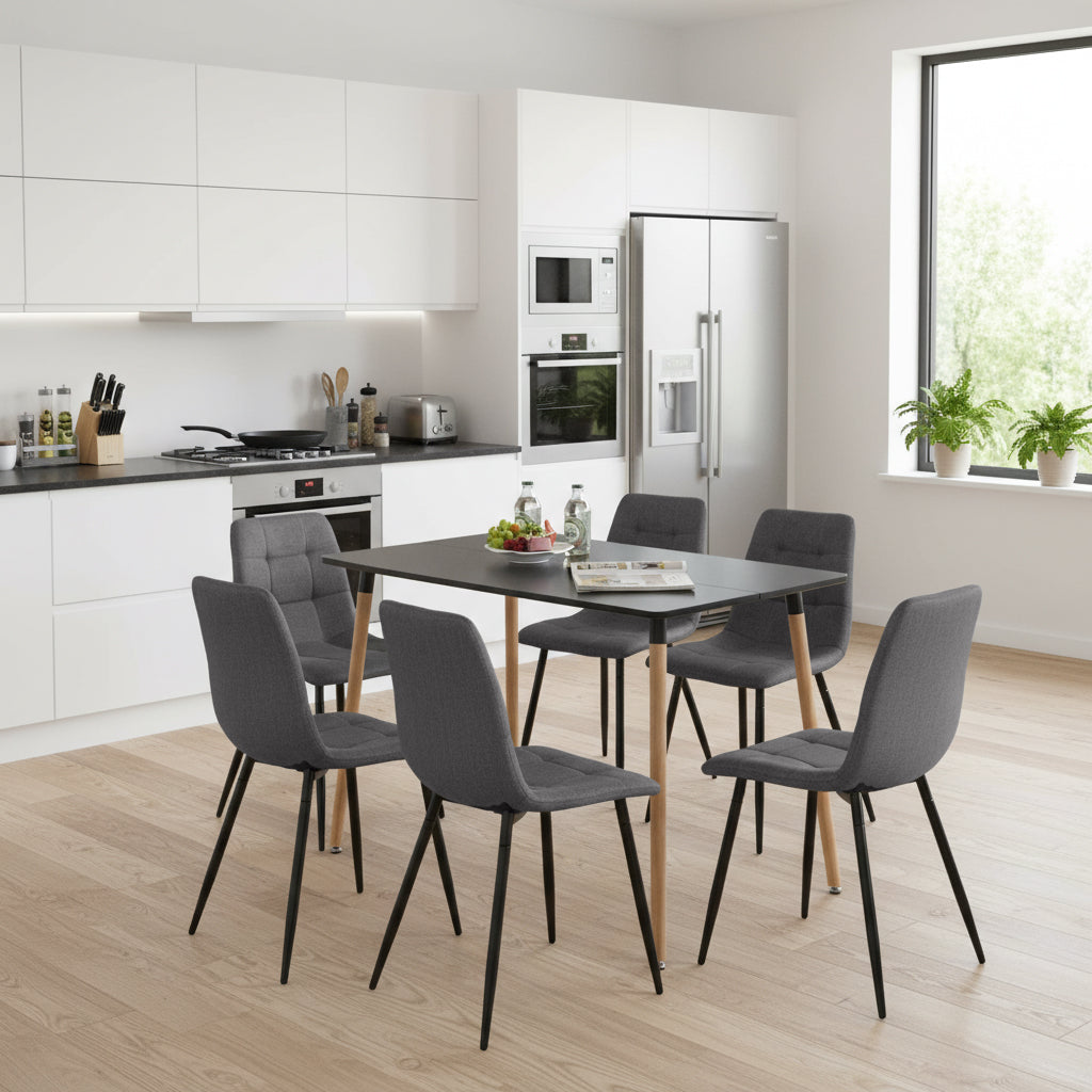 Chaise de salle à manger sans accoudoirs en tissu, pieds en fer noir - Noir/Gris/Marron