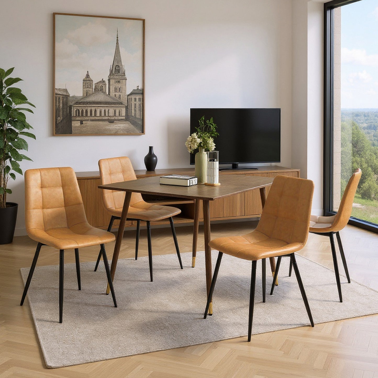 Chaise de salle à manger sans accoudoirs en tissu, pieds en fer noir - Noir/Gris/Marron