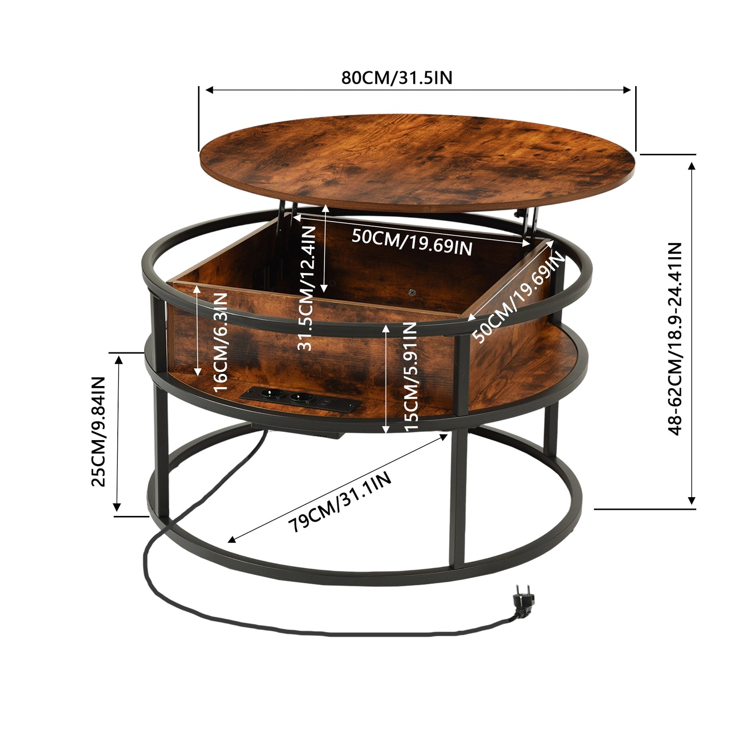 Table basse relevable pour salon avec compartiment caché et prises de courant