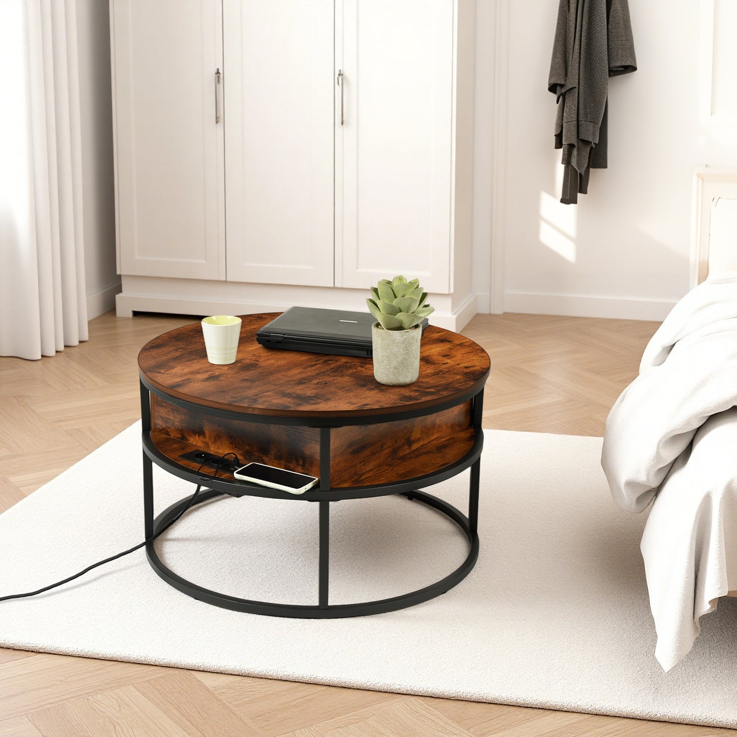 Table basse relevable pour salon avec compartiment caché et prises de courant