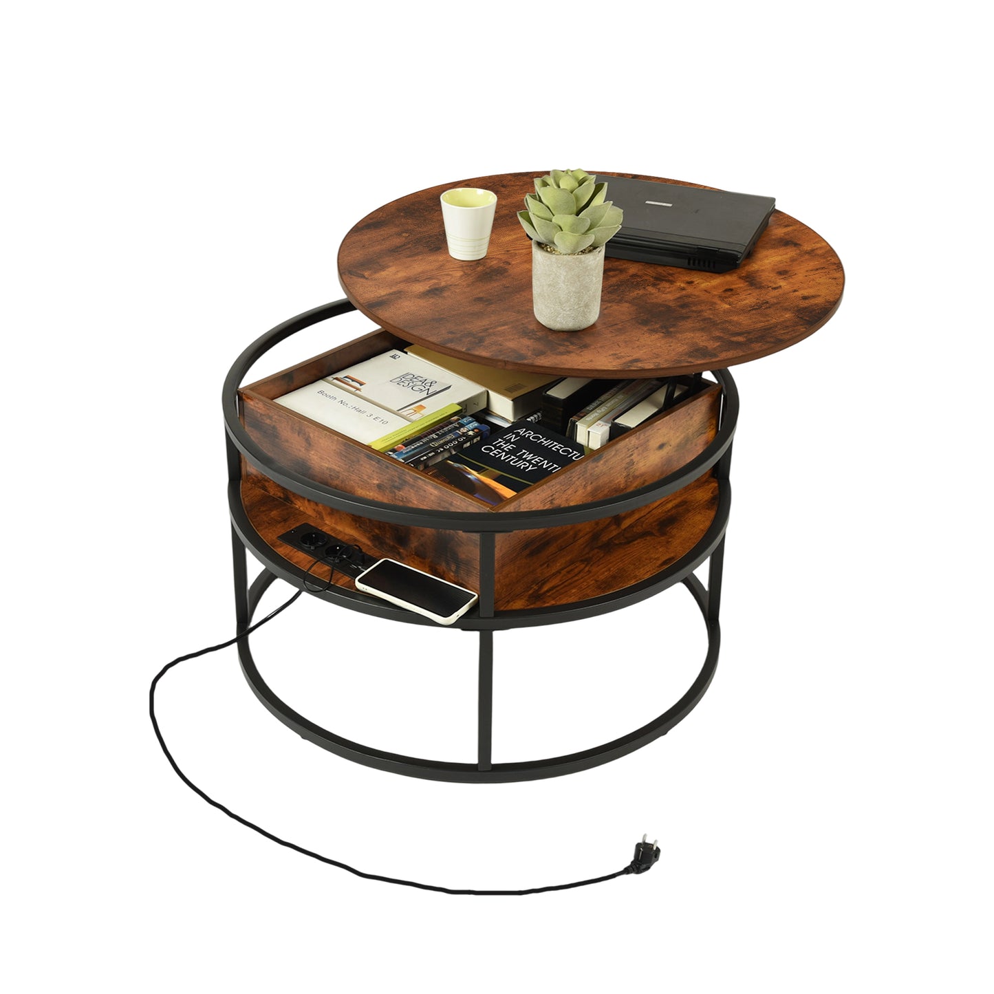 Table basse relevable pour salon avec compartiment caché et prises de courant