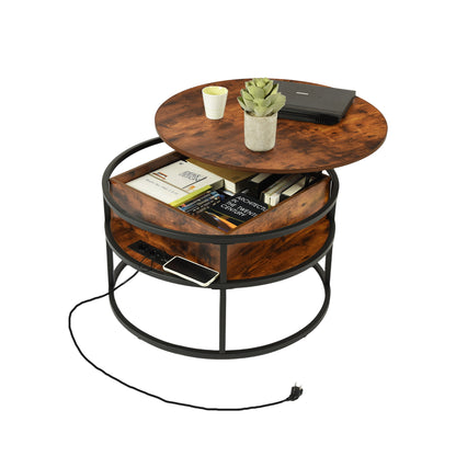 Table basse relevable pour salon avec compartiment caché et prises de courant