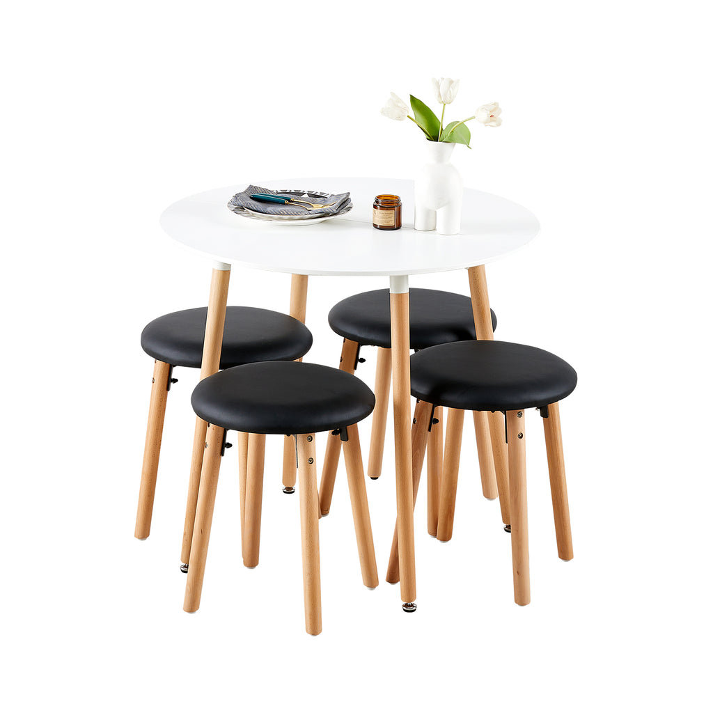 RONALD - Ensemble table à manger blanche élégante et 4 tabourets en simili cuir noir