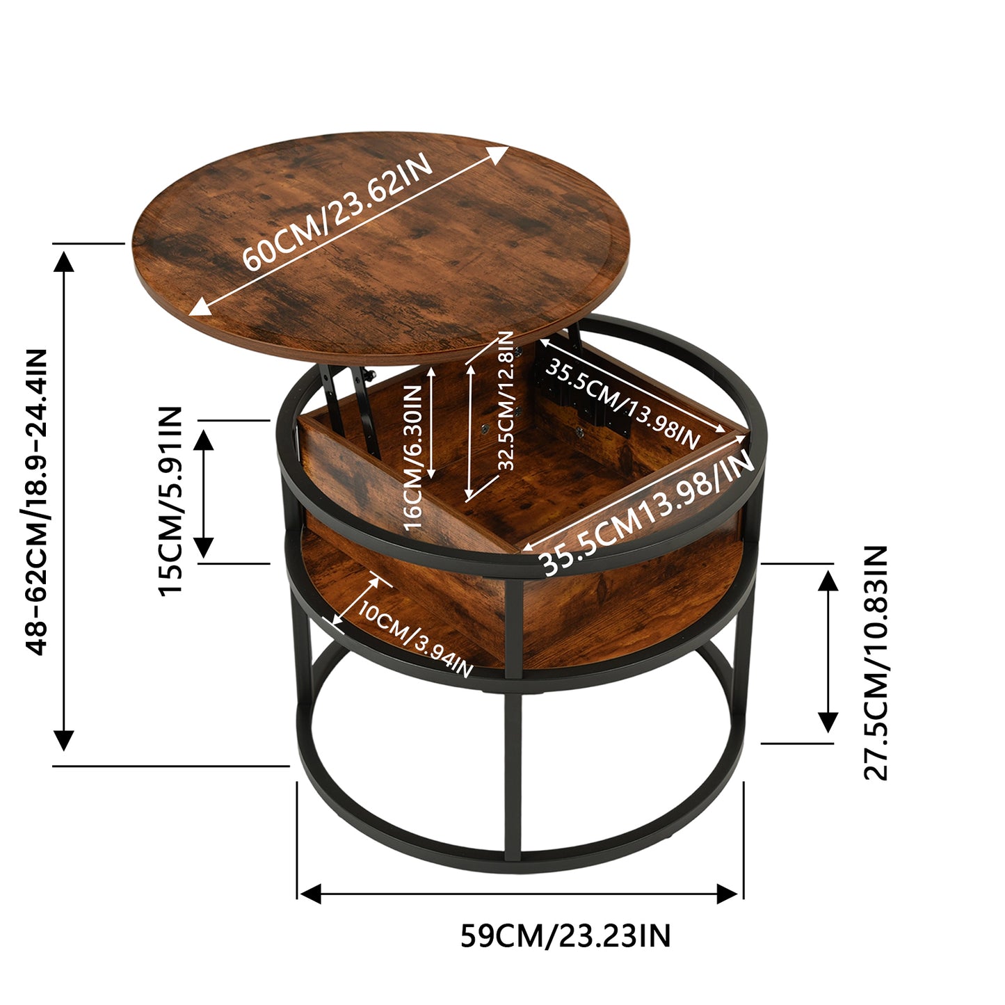 Table basse ronde relevable avec rangement caché - ROSS