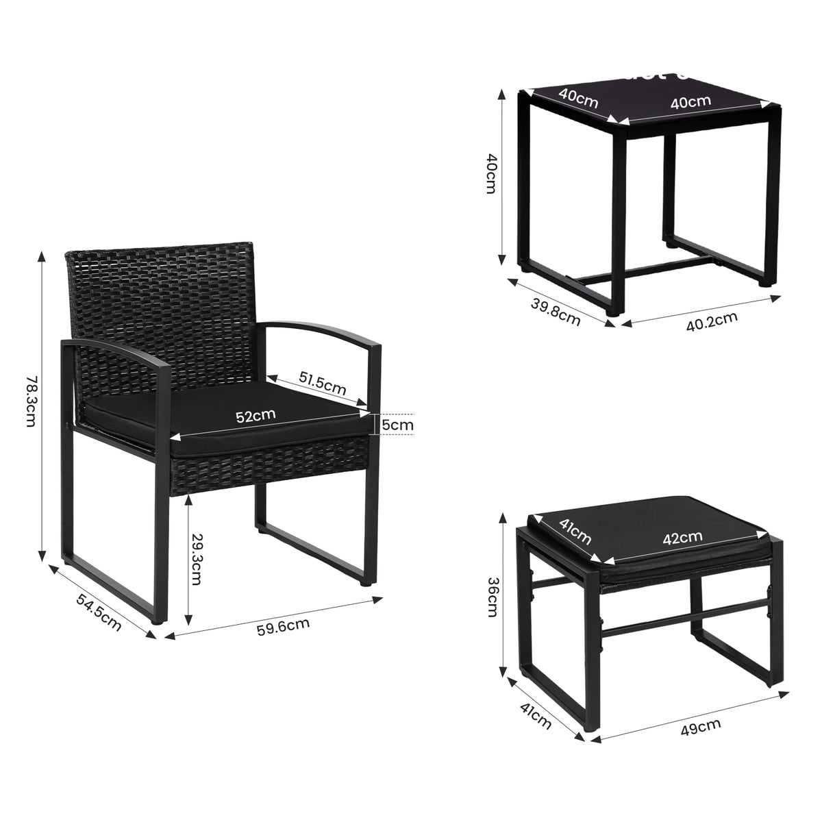Ensemble de mobilier de jardin en rotin 5 pièces, 2 fauteuils + 2 repose-pieds + 1 table - Noir