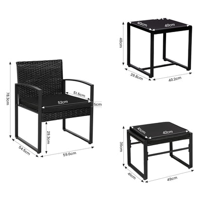 Ensemble de mobilier de jardin en rotin 5 pièces, 2 fauteuils + 2 repose-pieds + 1 table - Noir