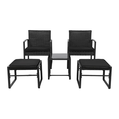 Ensemble de mobilier de jardin en rotin 5 pièces, 2 fauteuils + 2 repose-pieds + 1 table - Noir
