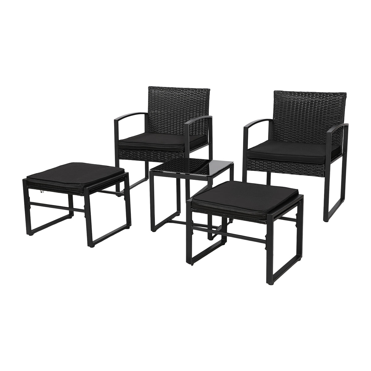 Ensemble de mobilier de jardin en rotin 5 pièces, 2 fauteuils + 2 repose-pieds + 1 table - Noir