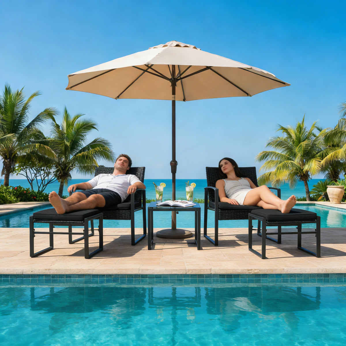 Ensemble de mobilier de jardin en rotin 5 pièces, 2 fauteuils + 2 repose-pieds + 1 table - Noir