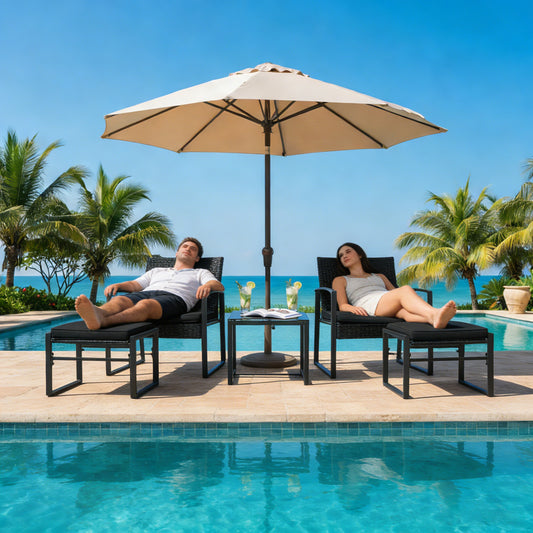 Ensemble de mobilier de jardin en rotin 5 pièces, 2 fauteuils + 2 repose-pieds + 1 table - Noir