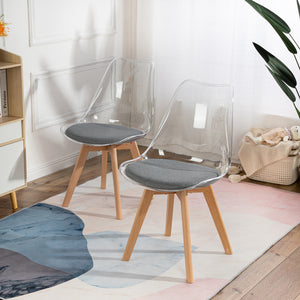 Dining chair with transparent shell and grey cushion