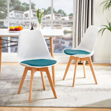 Chaise de salle à manger TULIP PP avec piètement en hêtre - blanche avec coussins d'assise multicolores