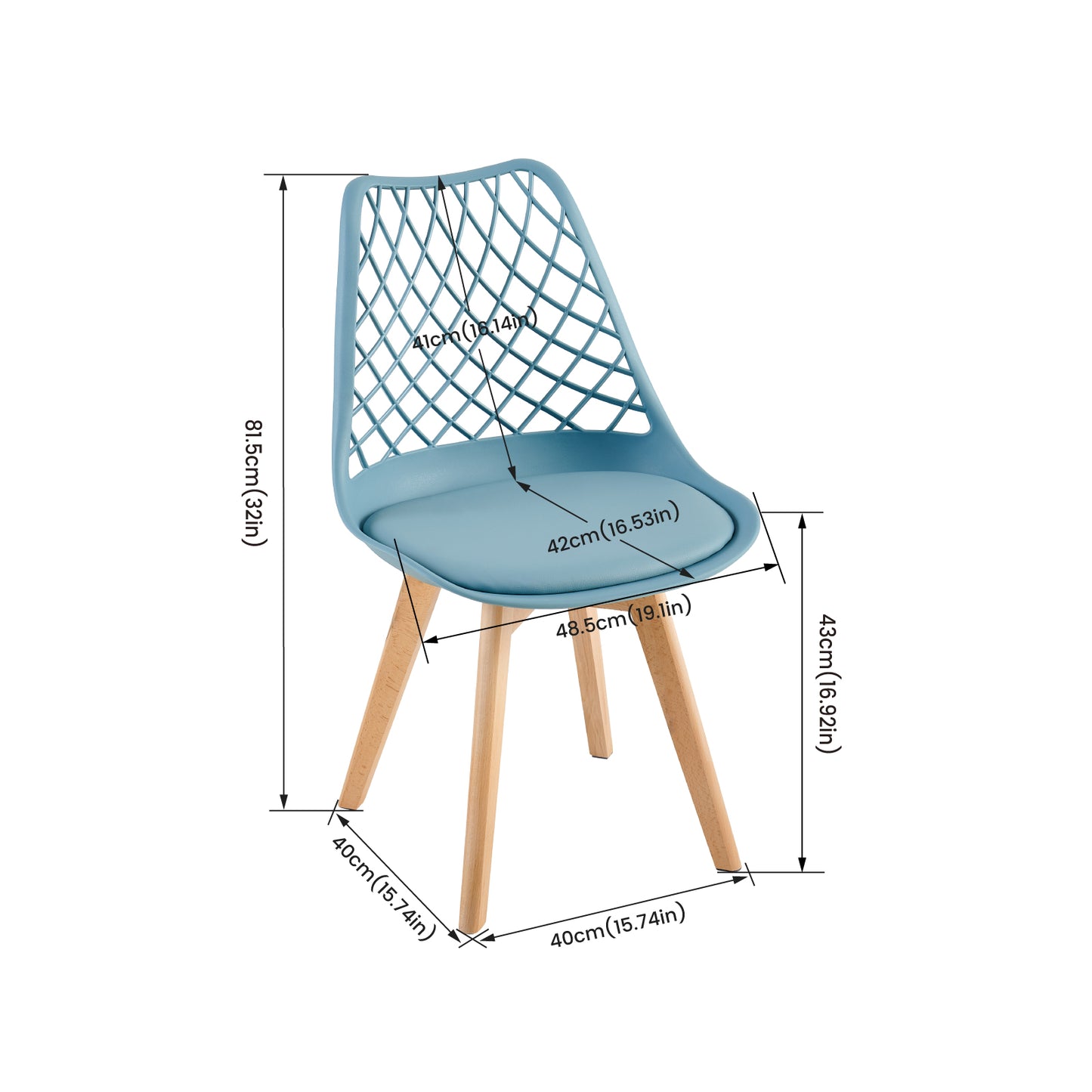 Chaises de salle à manger modernes LEYDEN avec dossier ajouré, pieds en hêtre, lot de 2/4, Bleu Gris Clair/Vert Glace