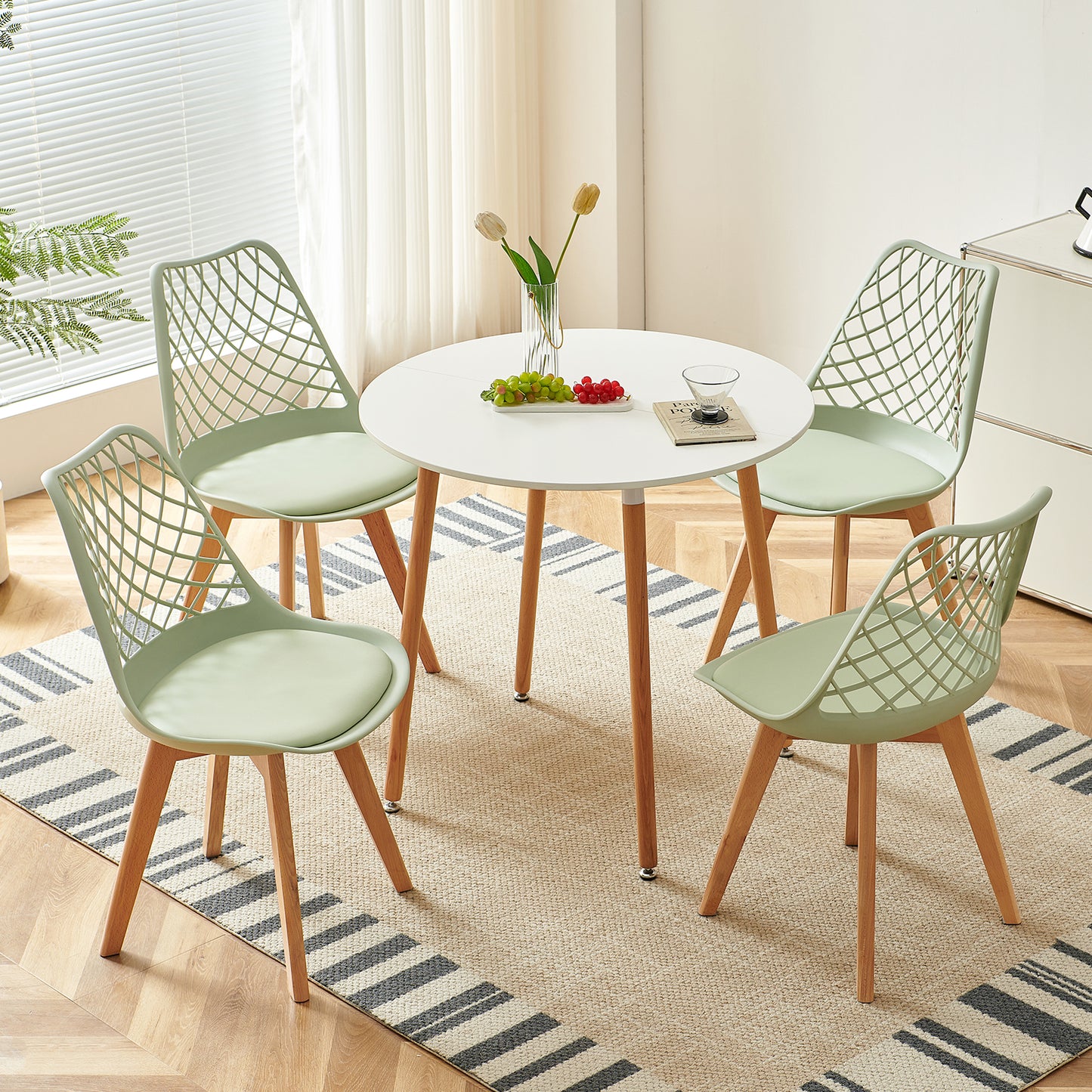 Chaises de salle à manger modernes LEYDEN avec dossier ajouré, pieds en hêtre, lot de 2/4, Bleu Gris Clair/Vert Glace