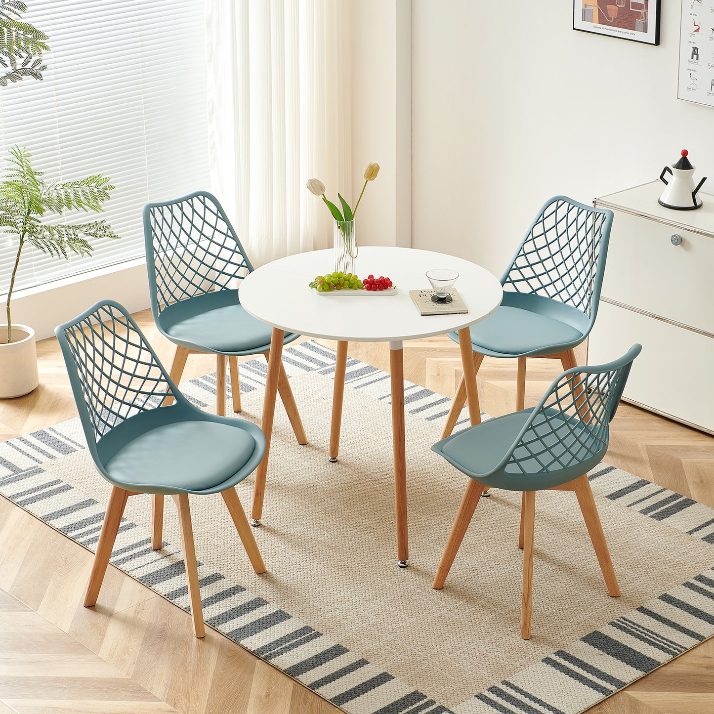 Chaises de salle à manger modernes LEYDEN avec dossier ajouré, pieds en hêtre, lot de 2/4, Bleu Gris Clair/Vert Glace