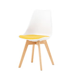 Chaise de salle à manger TULIP PP avec piètement en hêtre - blanche avec coussins d'assise multicolores