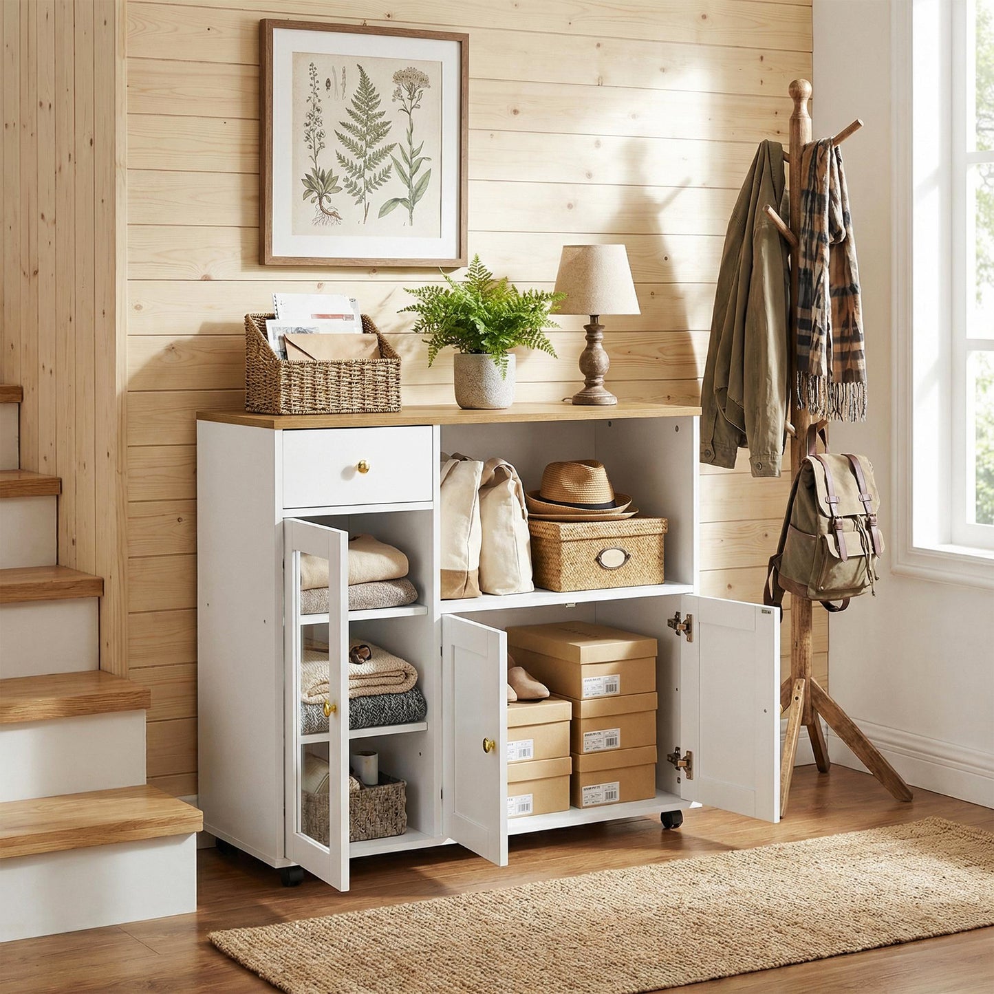 Buffet VIDOR, meuble de cuisine avec support pour micro-ondes - Blanc