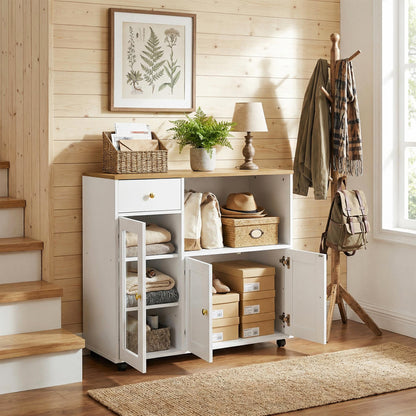 Buffet VIDOR, meuble de cuisine avec support pour micro-ondes - Blanc