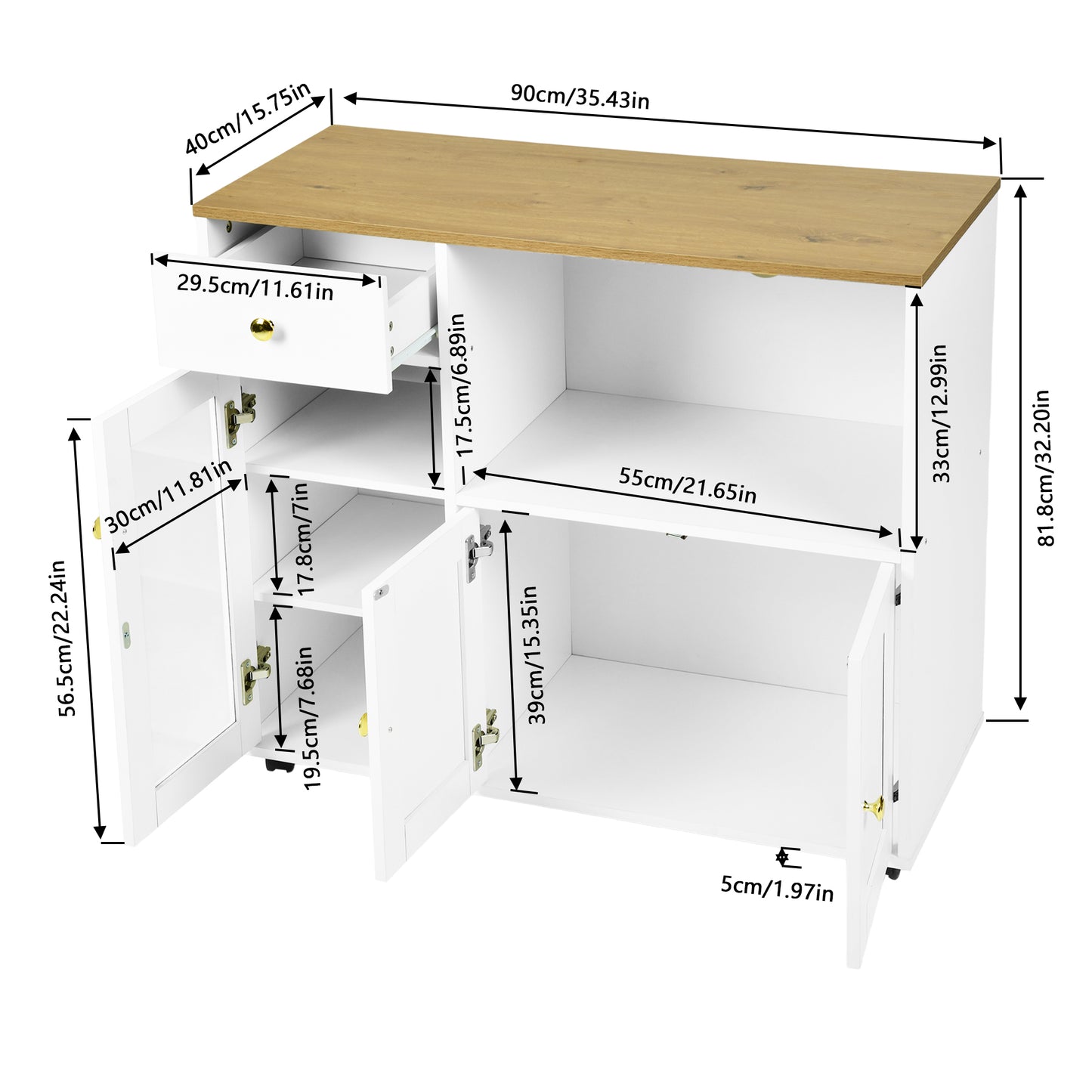Buffet VIDOR, meuble de cuisine avec support pour micro-ondes - Blanc