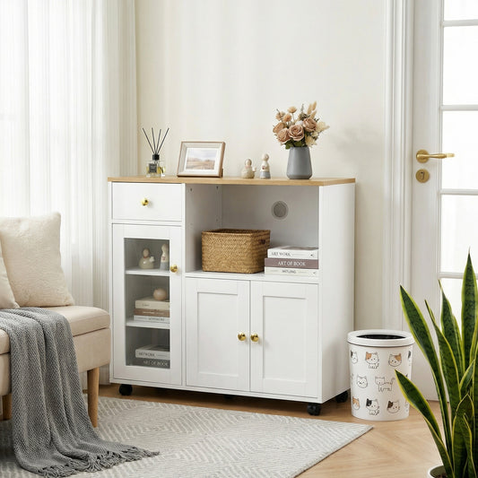 Buffet VIDOR, meuble de cuisine avec support pour micro-ondes - Blanc