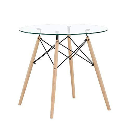 RAY Table à Manger Ronde  en MDF/Verre avec Pieds en Hêtre 80 * 80 * 74 cm - Noir/Blanc/Clair