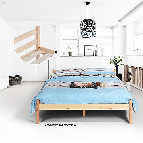 Cadre de lit en pin Massif Naturel avec 9 Pieds en Bois et Sommier Intégré pour Adultes et Enfants 146x198 cm (Lit 2 Place) - Bois Naturel - EGGREE