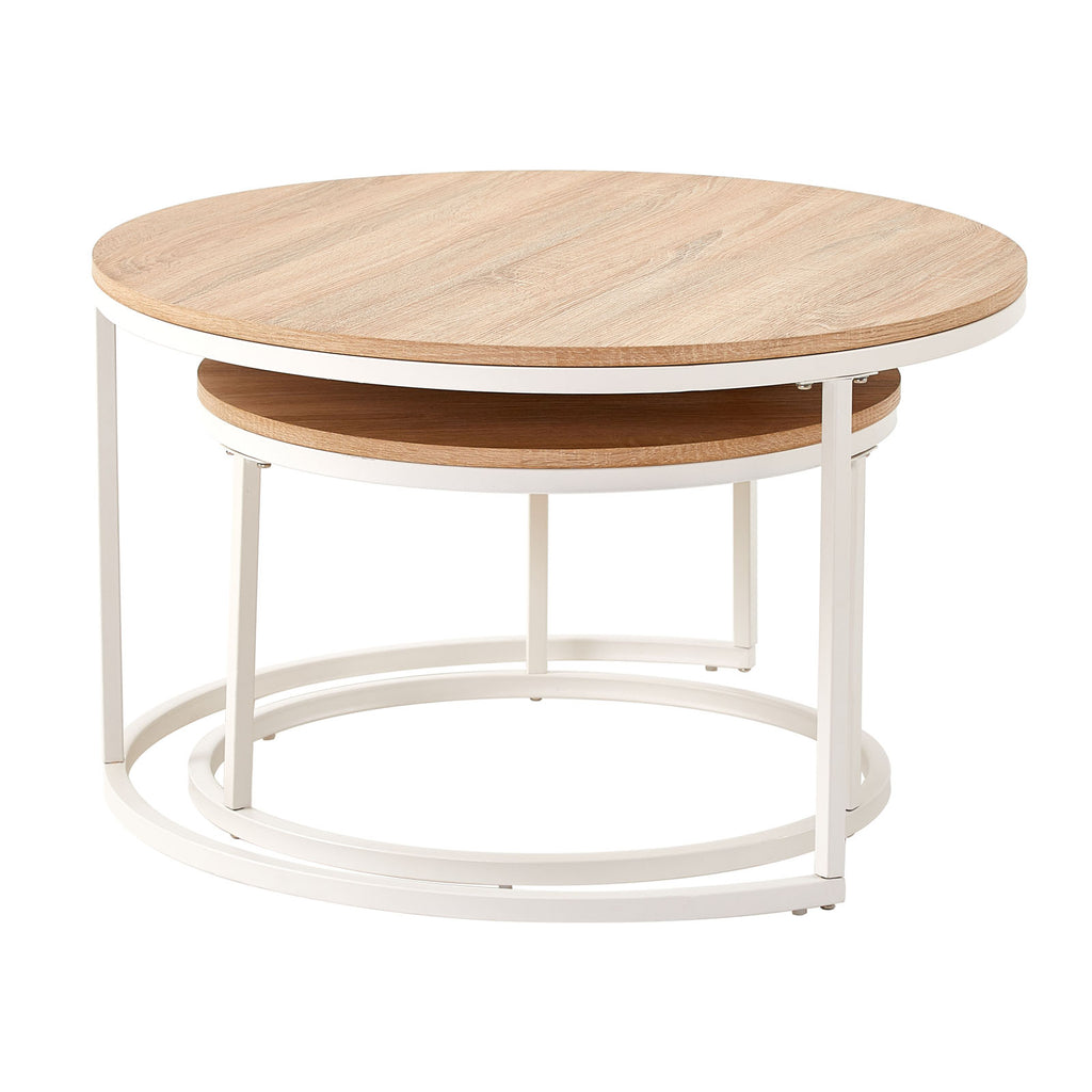 CARB Chêne Table Basse Table de Salon 2 pcs Φ80 * 45cm / Φ60 * 35cm - Blanc