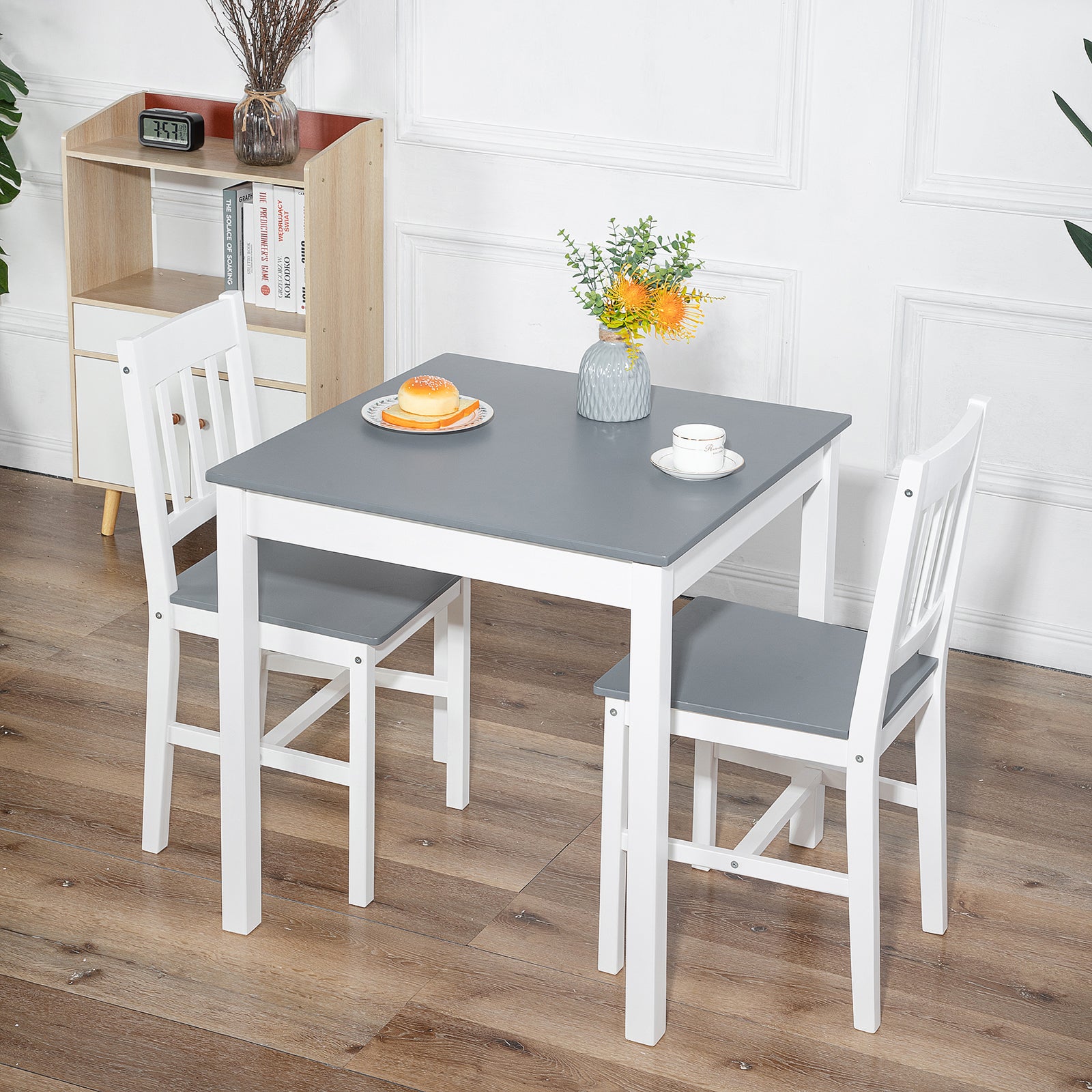 LILAC Ensemble Table à Manger et 2 Chaises 74*74*73cm - Blanc/Gris/Marron