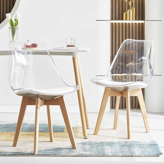 LUCCA Chaises de Salle à Manger Transparentes Coussin de Siège en Cuir PU et Pieds en Hêtre Massif - Noir/Blanc/Gris