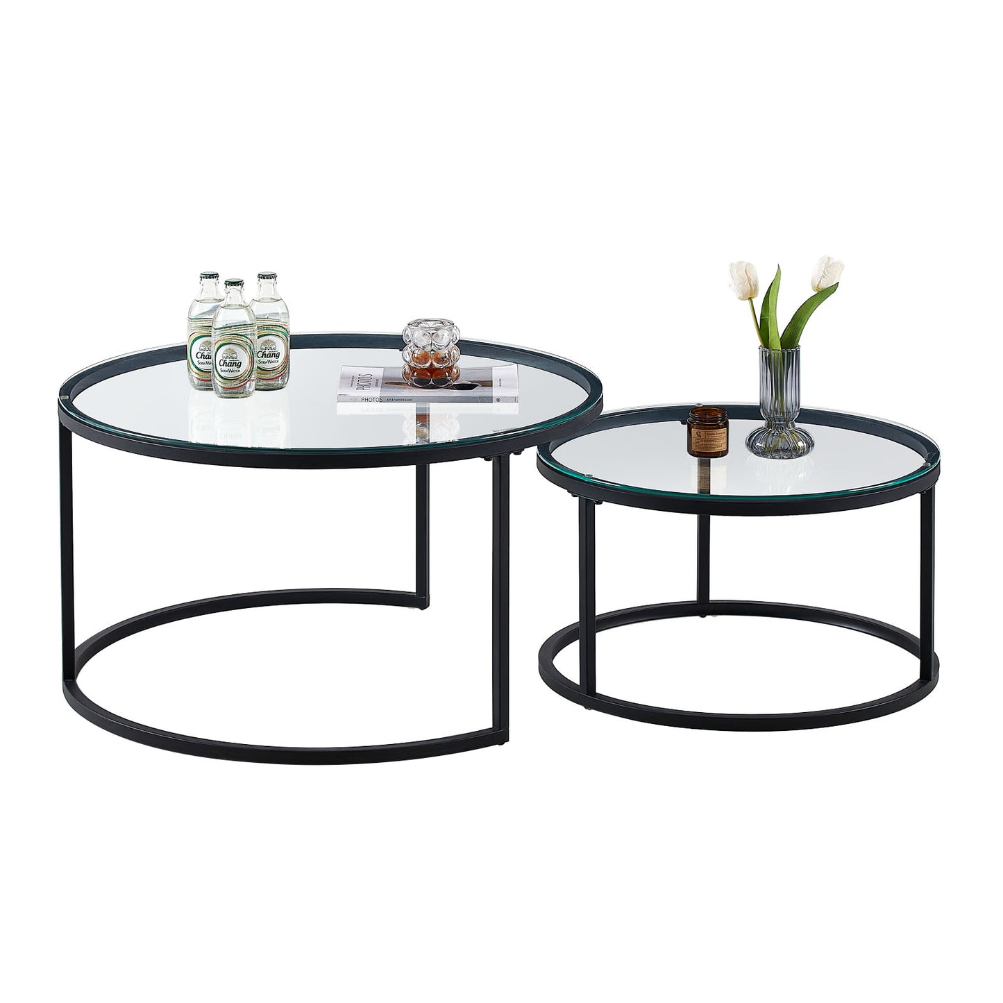 NAPLES Table Basse Ronde, Ensemble De 2, Cadre En Métal Robuste Et Verre Trempé (Doré Et Noir)