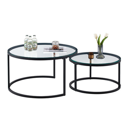 NAPLES Table Basse Ronde, Ensemble De 2, Cadre En Métal Robuste Et Verre Trempé (Doré Et Noir)