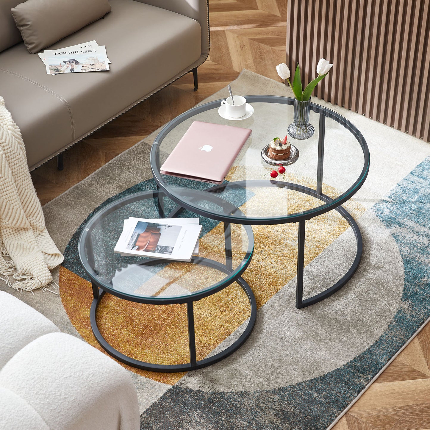 NAPLES Table Basse Ronde, Ensemble De 2, Cadre En Métal Robuste Et Verre Trempé (Doré Et Noir)