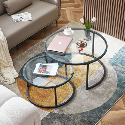 NAPLES Table Basse Ronde, Ensemble De 2, Cadre En Métal Robuste Et Verre Trempé (Doré Et Noir)