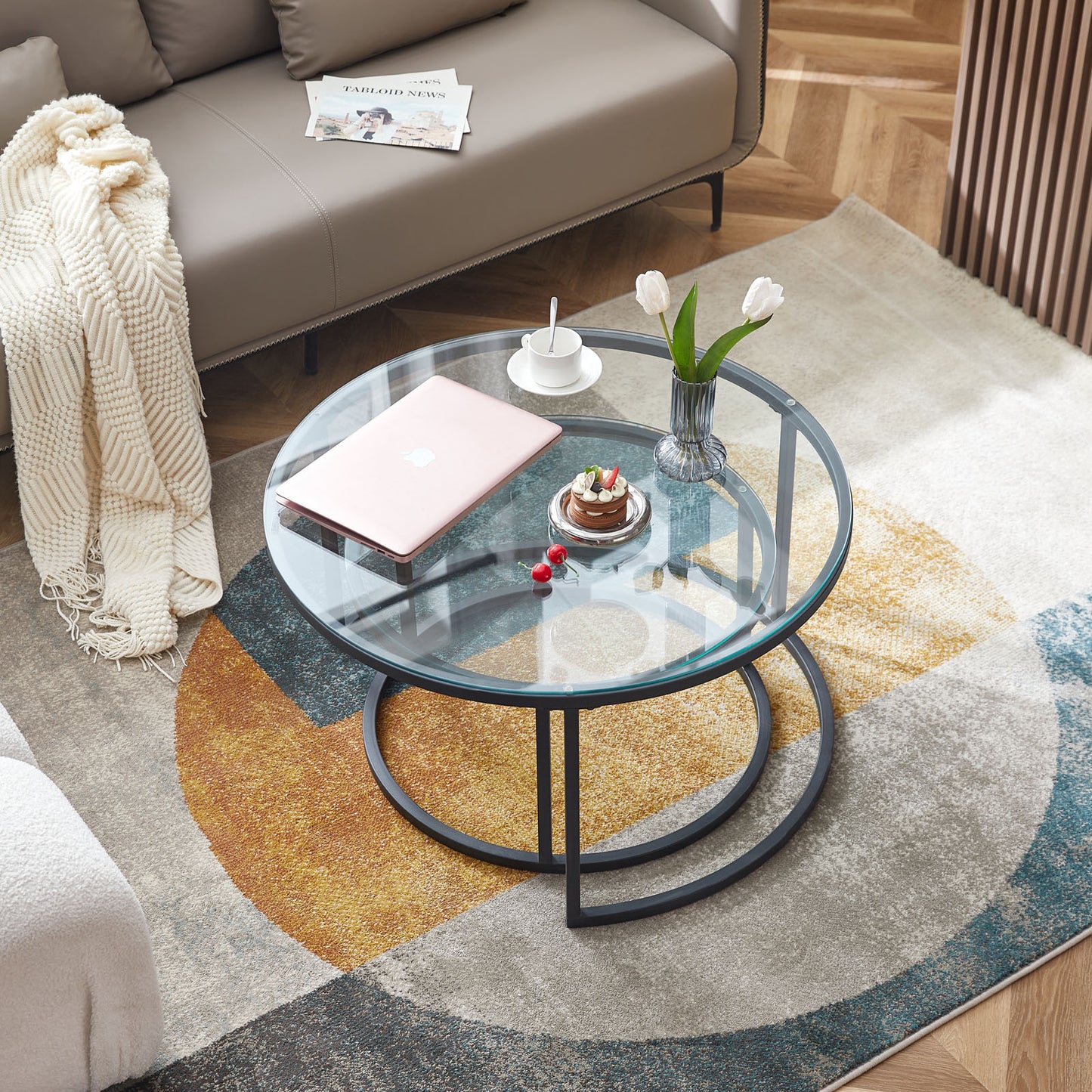 NAPLES Table Basse Ronde, Ensemble De 2, Cadre En Métal Robuste Et Verre Trempé (Doré Et Noir)