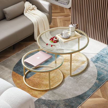 NAPLES Table Basse Ronde, Ensemble De 2, Cadre En Métal Robuste Et Verre Trempé (Doré Et Noir)