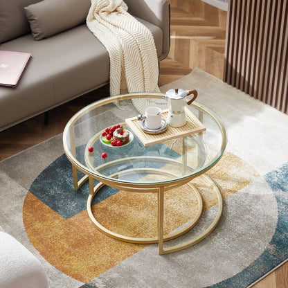 NAPLES Table Basse Ronde, Ensemble De 2, Cadre En Métal Robuste Et Verre Trempé (Doré Et Noir)