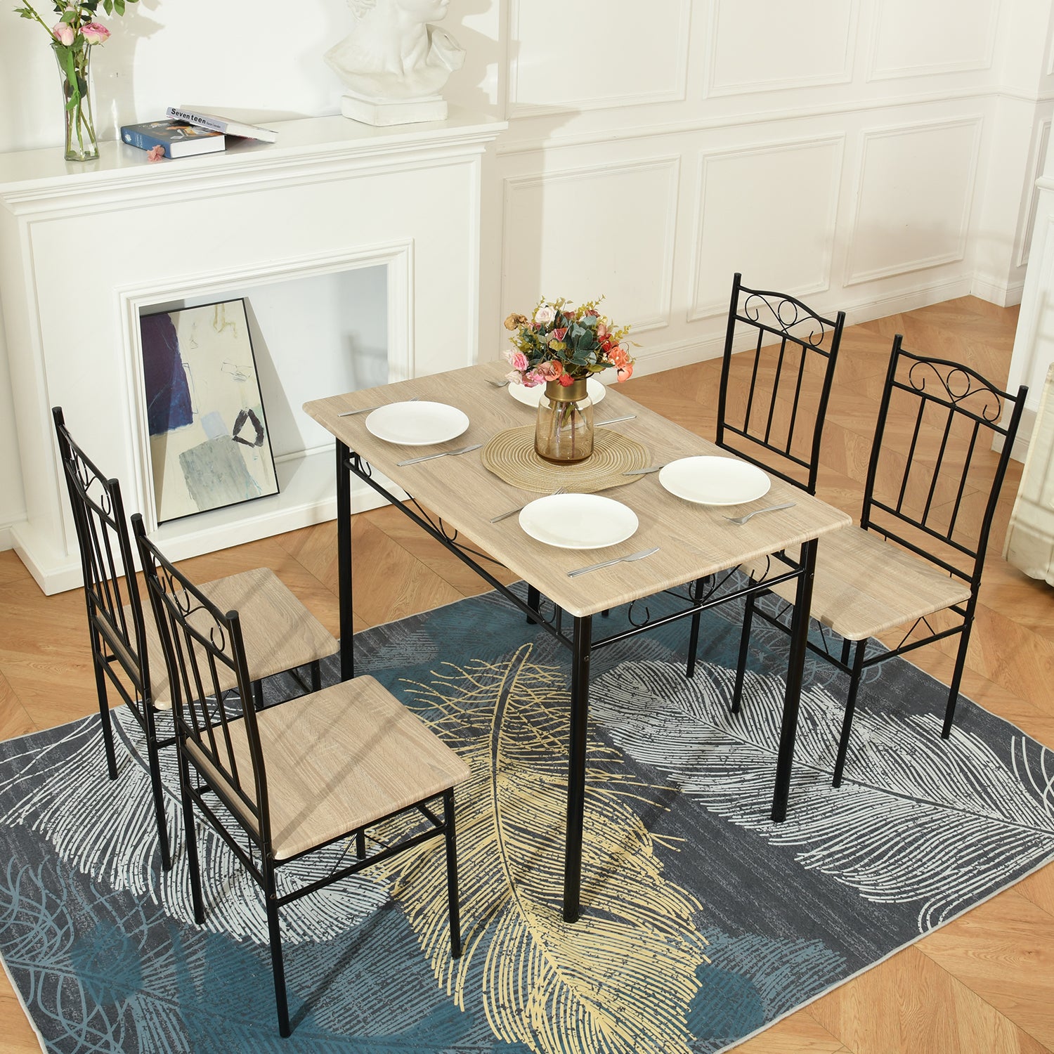 NORSEMAN Marbling Table à Manger 5 Pièces avec 4 Chaises - 109 * 69 * 75cm - Blanc/Noir/Brun clair
