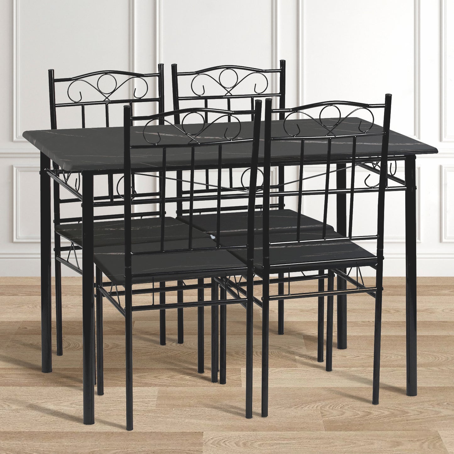 NORSEMAN Marbling Table à Manger 5 Pièces avec 4 Chaises - 109 * 69 * 75cm - Blanc/Noir/Brun clair
